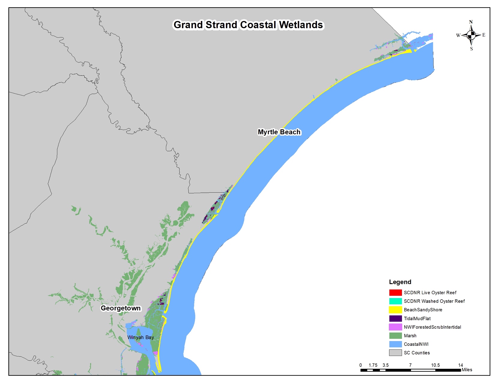 map of the Grand Strand Area that extends from upper Horry County near Little River to the southern edge of Georgetown County, terminating at Winyah Bay.