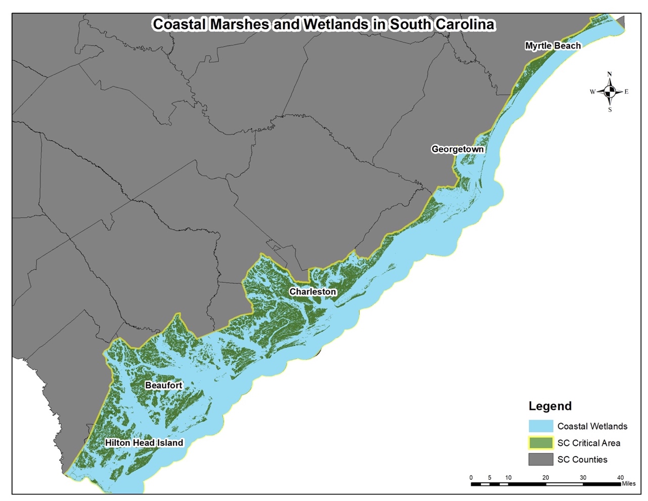 Map legend colors showing South Carolina's coastal marshes and wetlands