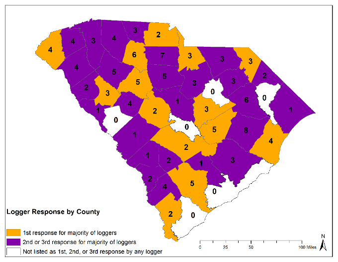 SC map showing number of times a logger reported a county