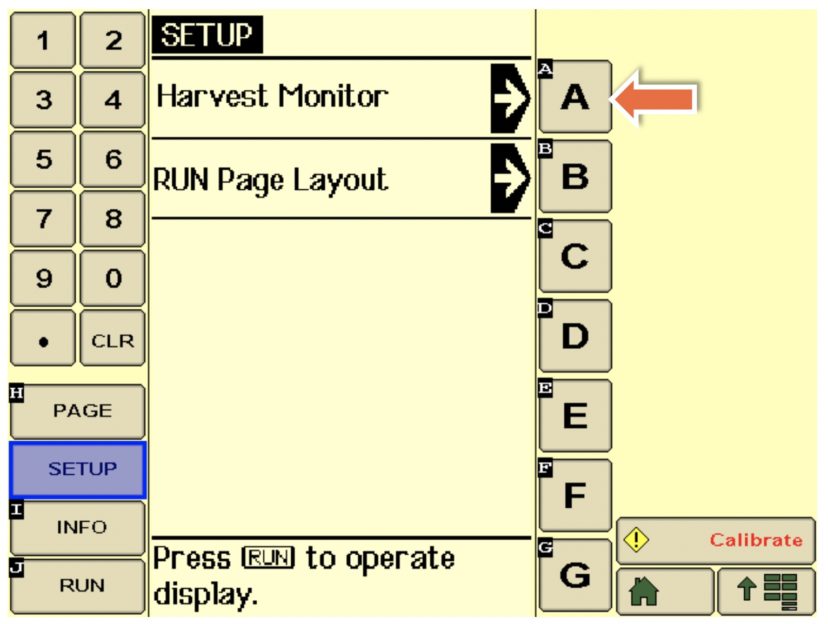 harvest monitor button location on calibratiion guide display