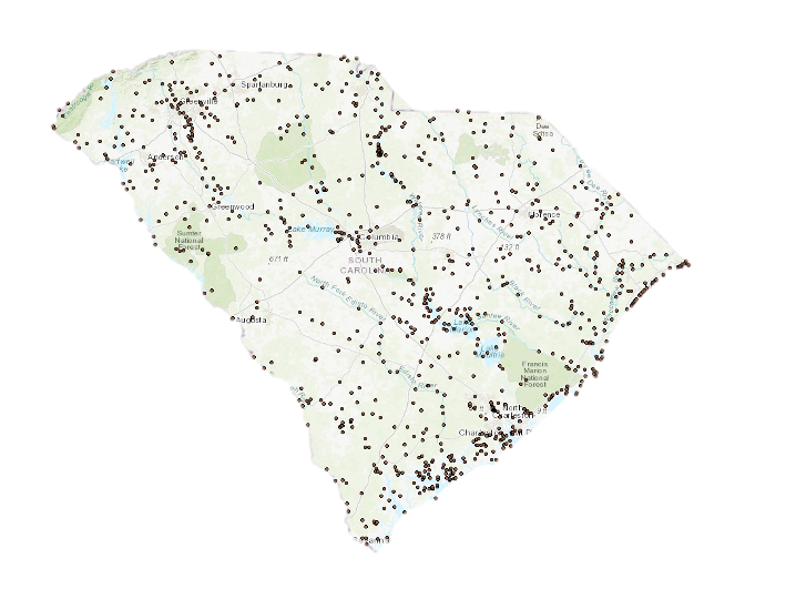 A map of South Carolina showing 1,041 impaired waterbodies.