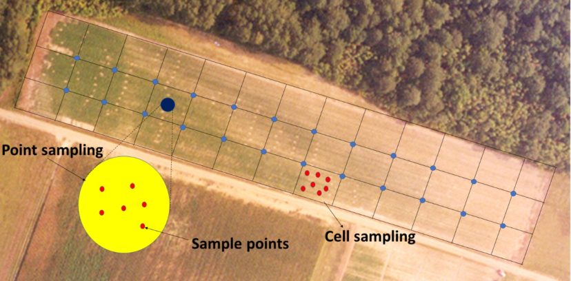 Aerial of field overlayed with grid showing point sampling and cell sampling methods. 