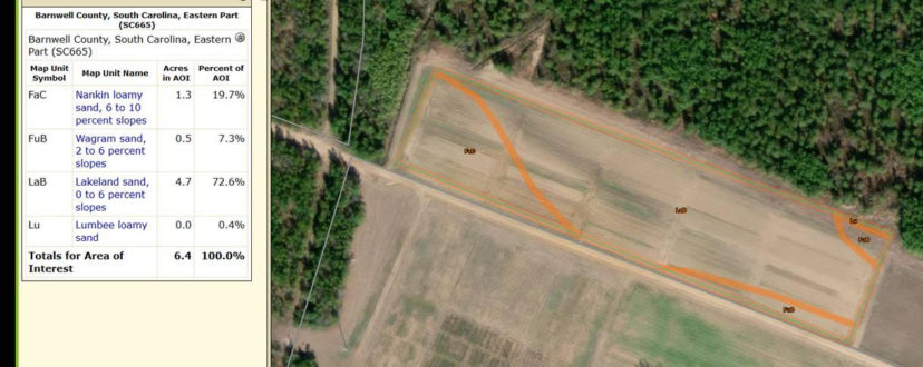 An aerial view of a field that is delineated into management zones by map unit. a table of the map units are included.