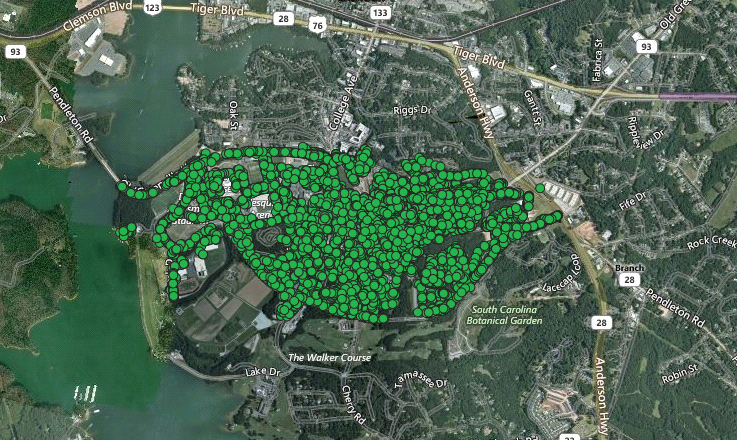 Map showing location of trees with green dots on Clemson University campus.