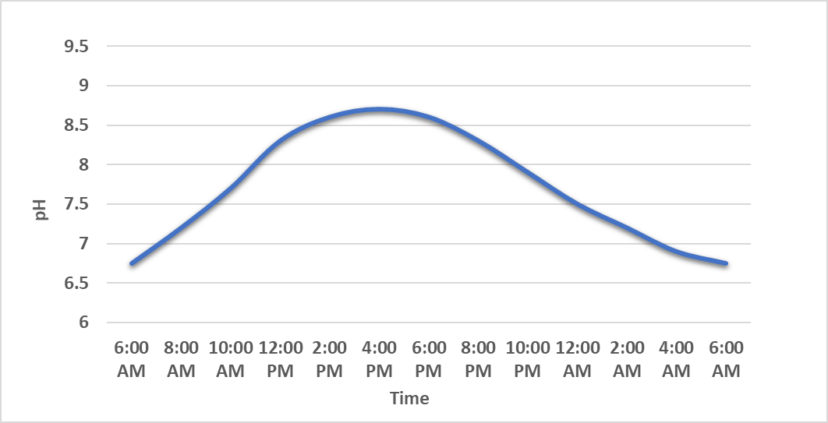 A chart of the daily fluctuations in pH levels in a pond, with highest levels in the afternoon and lowest levels overnight.