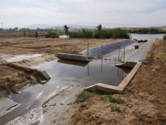 A concrete square designed to trap sediment with water in the middle.