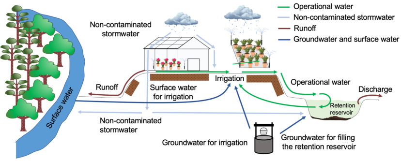Diagram of on farm-water types include surface, ground, operational (any water that hits a production area, whether irrigation or storm), and non-contaminated stormwater.
