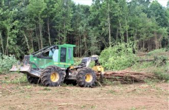 A grapple skidder pulling trees.