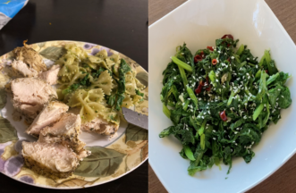 A plate of mustard greens and veggie medley on the left and stir-fried-Chinese-mustard greens on fthe right
