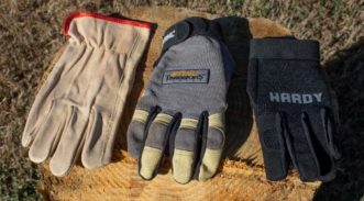A picture of three gloves. One leather gloves with a lose wrist section and two leather and fabric gloves that close around the wrist with a velcro band.