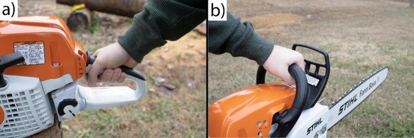 A picture showing the proper holding techniques for the rear and upper handles of a chainsaw with a focus on wrapping the thumb around the handle bar.