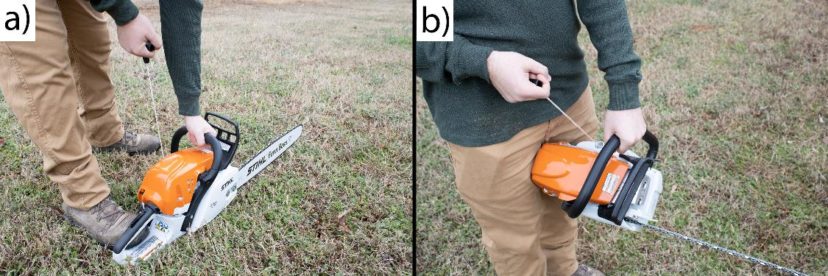 Two pictures showing starting methods for a chainsaw. One shows a chainsaw on the ground and the other shows as chainsaw held between the thighs of a person.