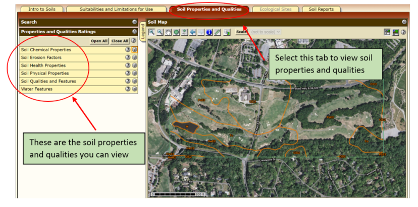 Screenshot from Web Soil Survey showing where to find information on soil properties and qualities.