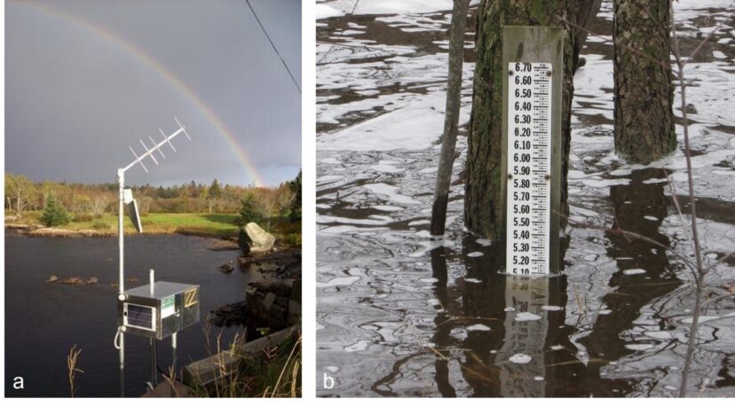 Data transmitting stream gage and ruler-like staff gage in water.