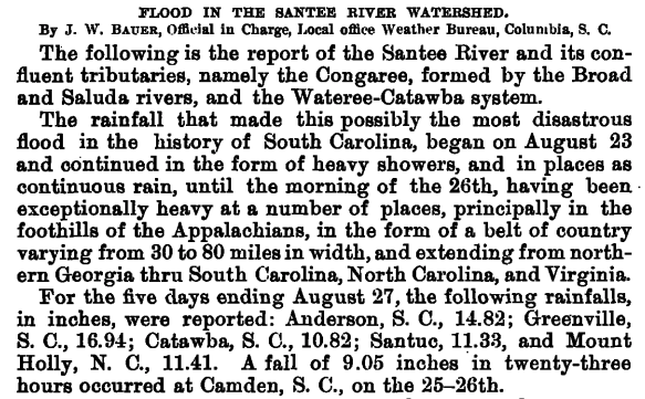 Excerpt of text from a journal about the flood details in the Santee River Watershed.