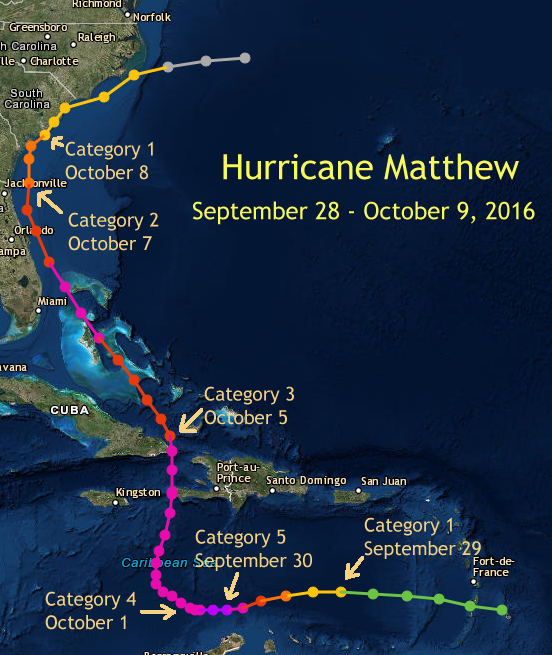 Hurricane Mathew's track across the Caribbean and along Southeaster United States coast, September 28 through October 9, 2016