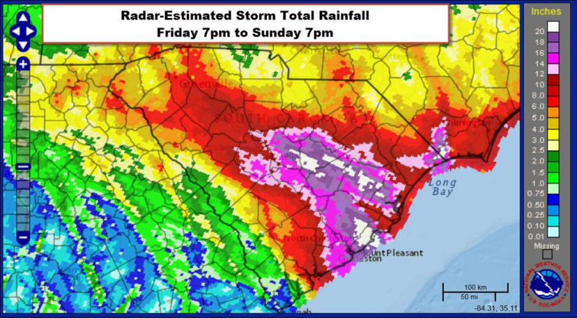 Radar map of rainfall totals on October 4, 2015 due to Hurricane Joaquin.