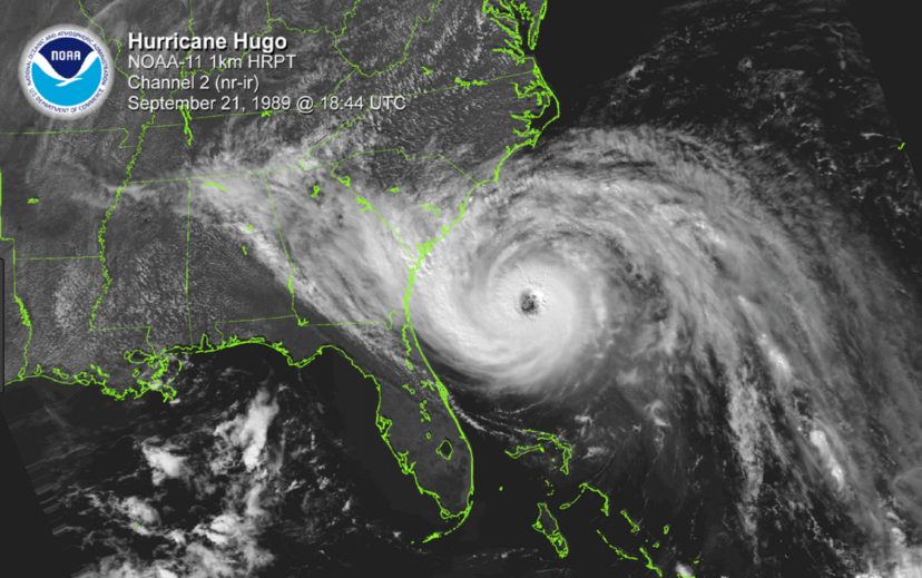 Satellite image showing Hurricane Hugo's direct path towards South Carolina.