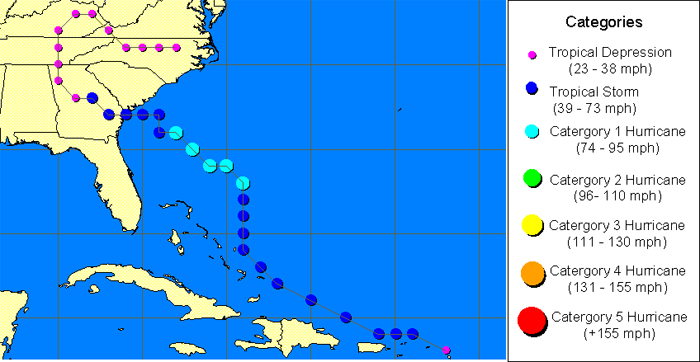 Track of 1940 Hurricane showing Southeaster states.