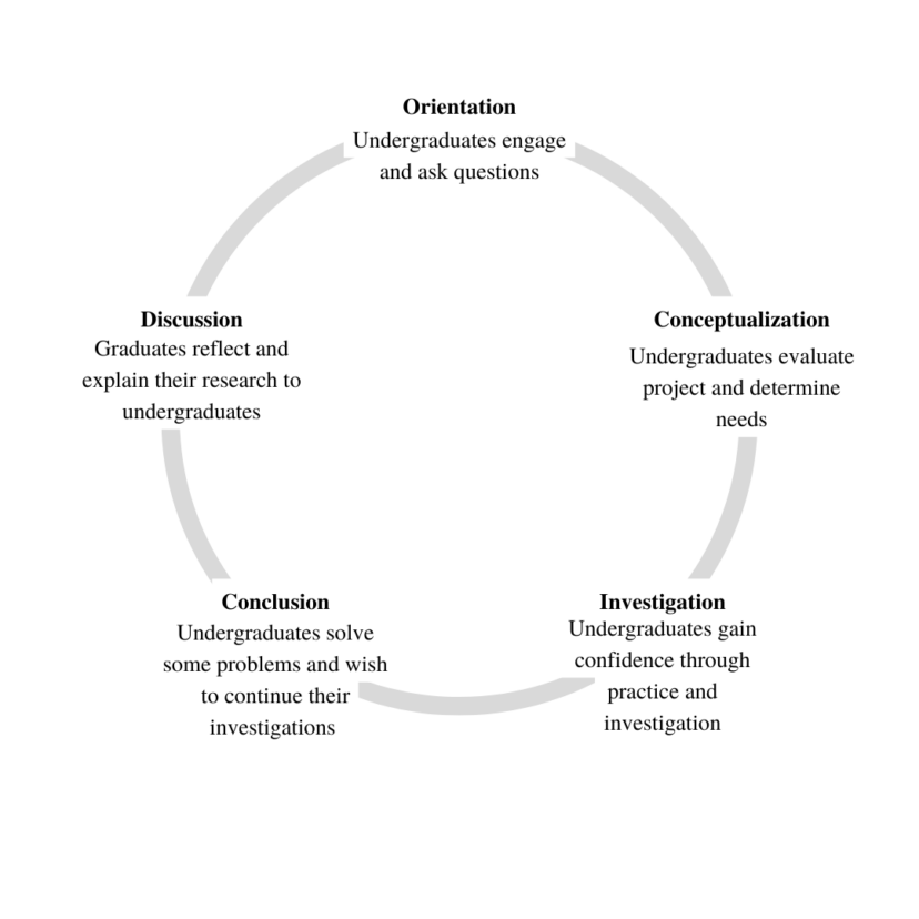 Diagram of how the inquiry-based learning framework phases from orientation to conceptualization, investigation, conclusion and discussion.