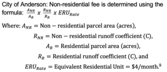 City of Anderson: Non-residential fee is determined using the formula: A_NR/A_R x R_NR/R_R x 〖ERU〗_Rate Where: A_NR=Non-residential parcel area (acres), R_NR=Non-residential runoff coefficient (C), A_R=Residential parcel area (acres), R_R=Residential runoff coefficient (C), and 〖ERU〗_Rate=Equivalent Residential Unit=$4/month.9