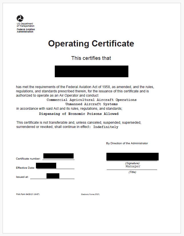 A redacted picture of the FAA Part 137 Exemption to apply chemicals aerially.