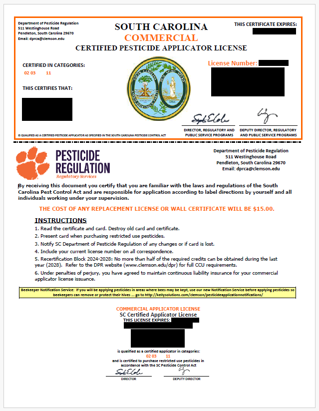 A redacted picture of the South Carolina Pesticide Applicator License.